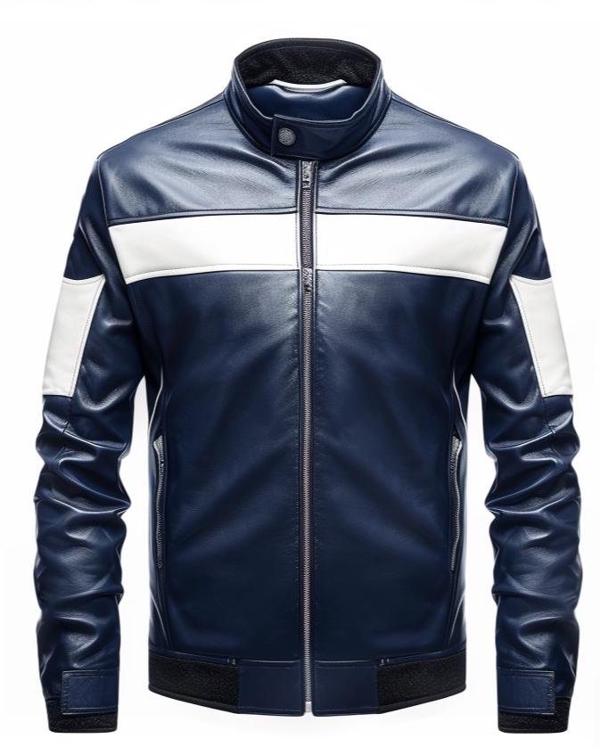 Men’s Navy Blue White Real Leather Jacket Stand-Up Collar Rib Knit from Leather Chloride