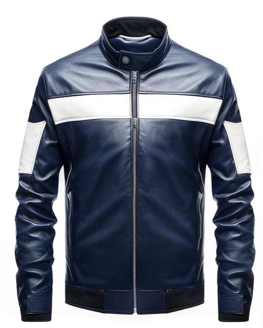 Men’s Navy Blue White Real Leather Jacket Stand-Up Collar Rib Knit from Leather Chloride