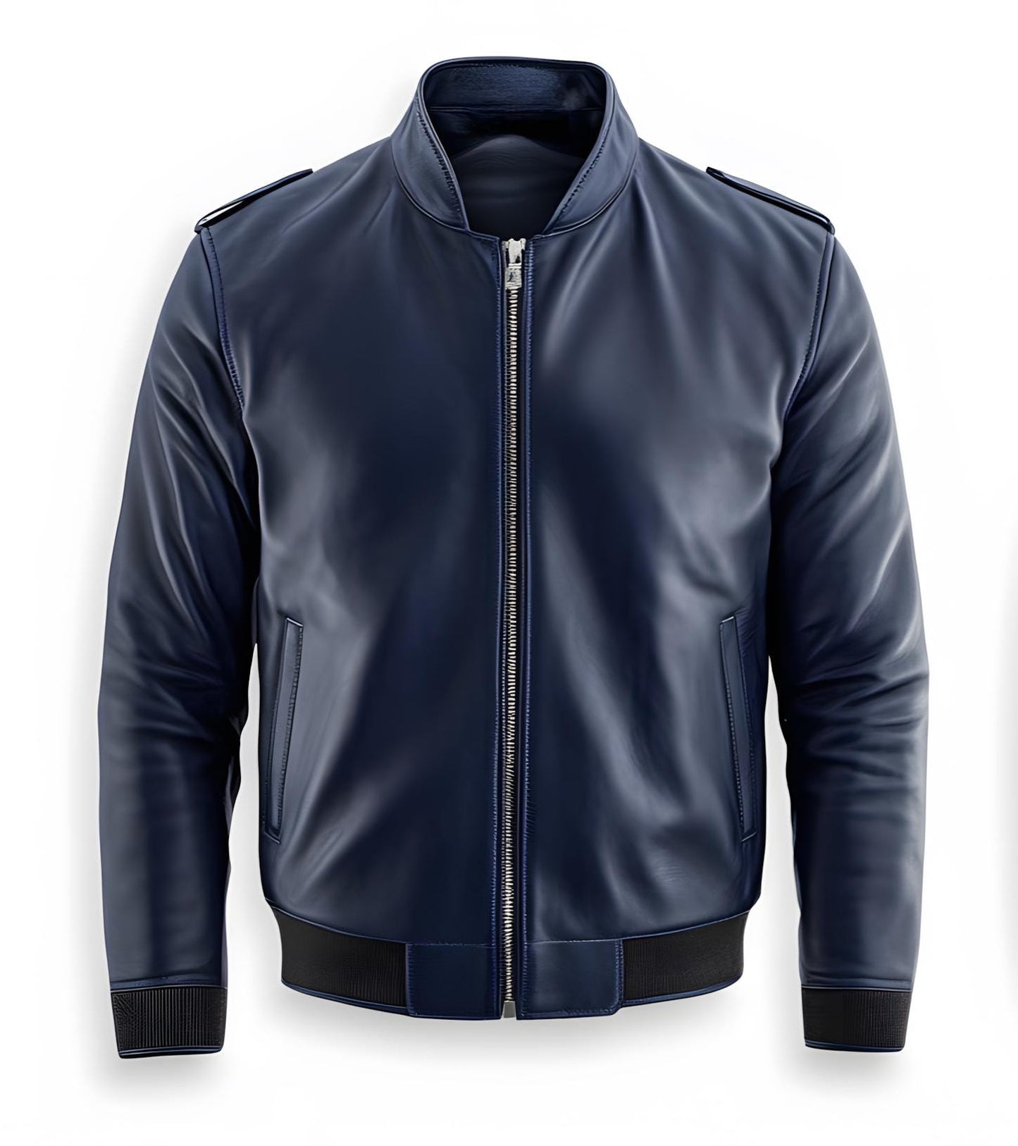 Men's Navy Leather Bomber Jacket – Urban Zip-Up Ribbed Style By Leather Chloride