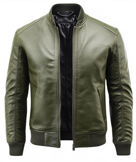 Men's Olive Green Slim Fit Leather Bomber Jacket – Casual Zip Style By Leather Chloride
