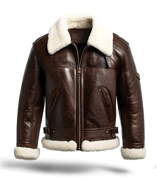 Men's Brown Shearling Aviator Leather Jacket – Real Fur Collar & Pockets By Leather Chloride