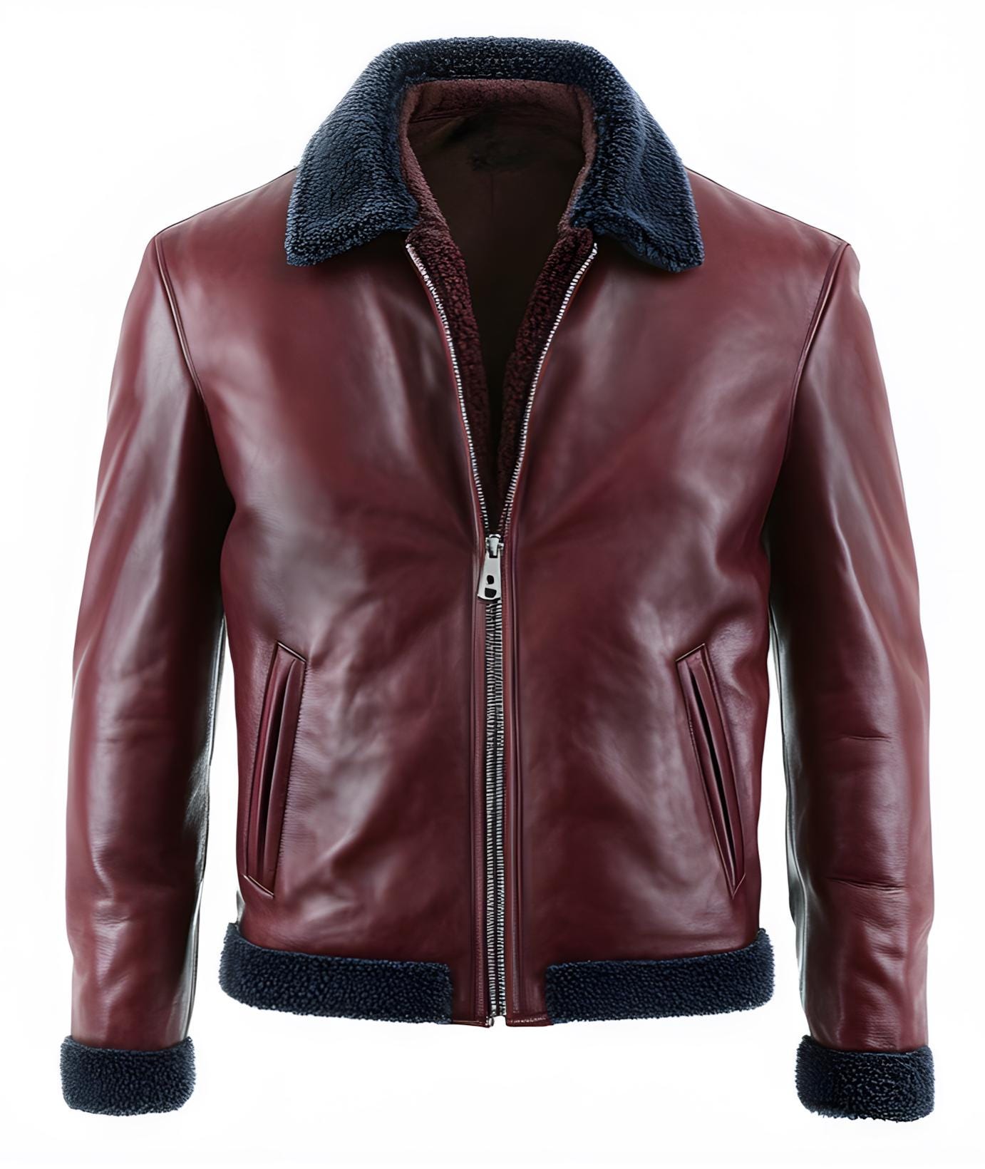 Men's Burgundy Leather Streetwear Jacket – Real Fur Shearling Collar Style By Leather Chloride