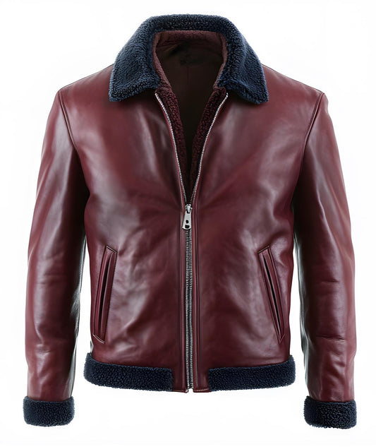 Men's Burgundy Leather Streetwear Jacket – Real Fur Shearling Collar Style By Leather Chloride