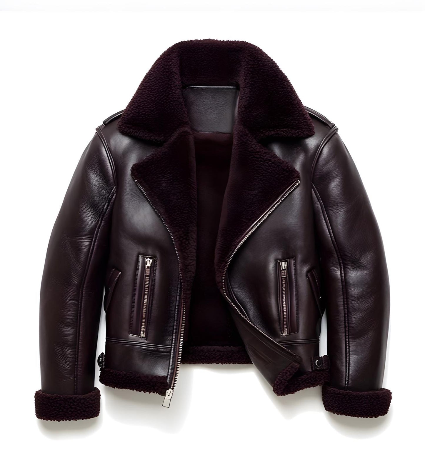 Men's Maroon Shearling Leather Jacket – Real Fur Lining Zippered Pockets By Leather Chloride
