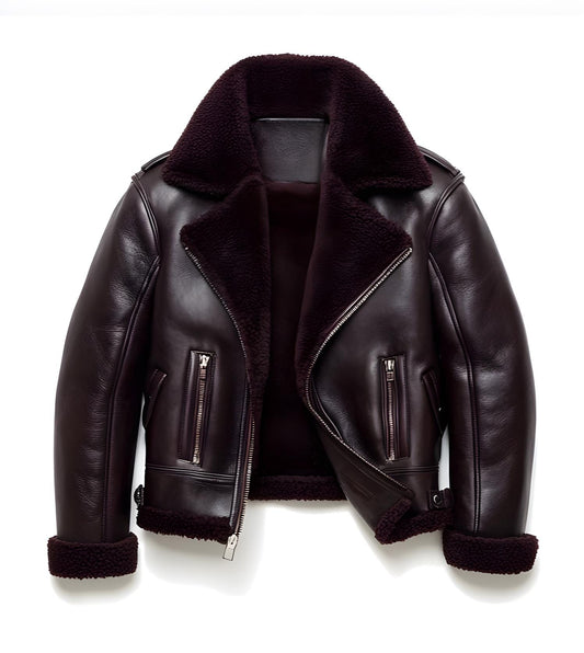 Men's Maroon Shearling Leather Jacket – Real Fur Lining Zippered Pockets By Leather Chloride