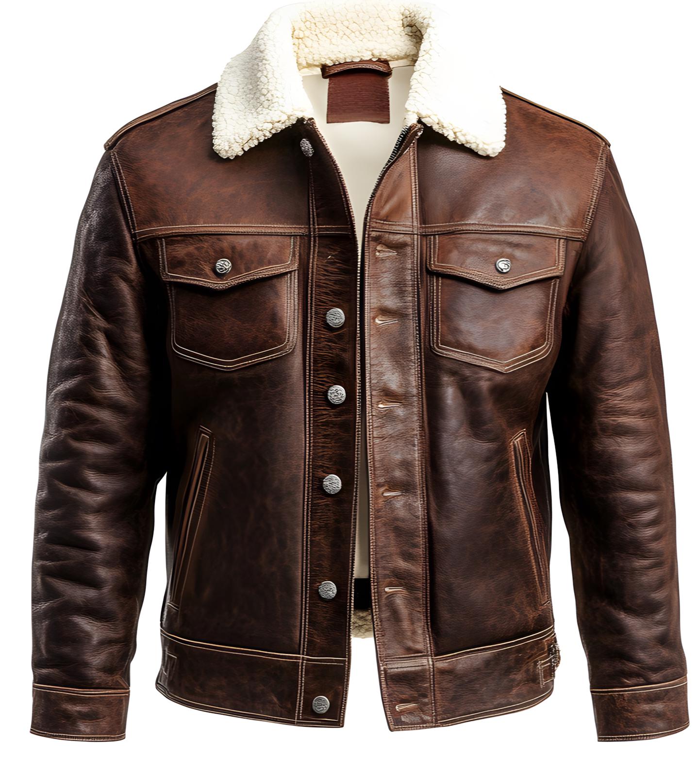 Men's Distressed Brown Leather Jacket – Real Fur Sherpa Collar Button Style By Leather Chloride