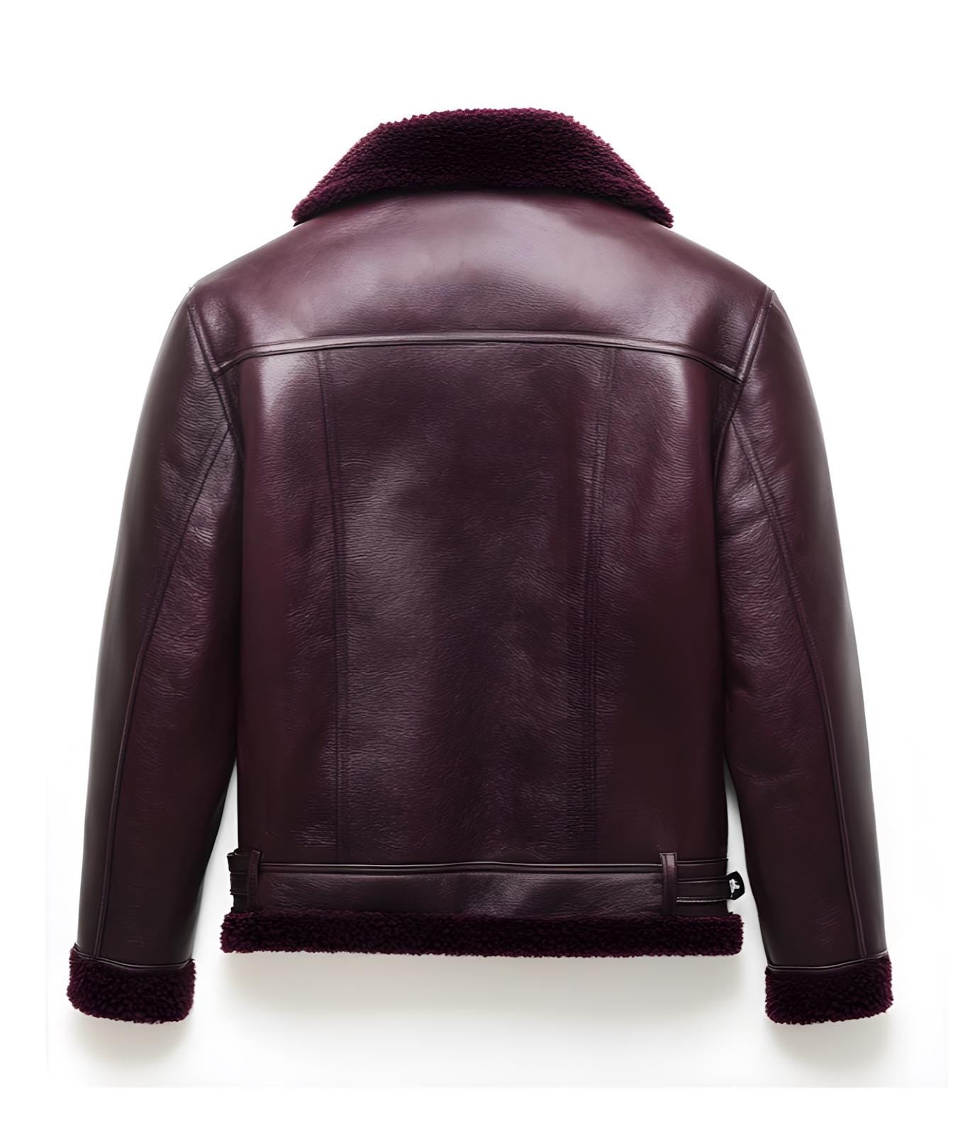 Men's Maroon Shearling Leather Jacket – Real Fur Zippered Pockets Superior Source By Leather Chloride