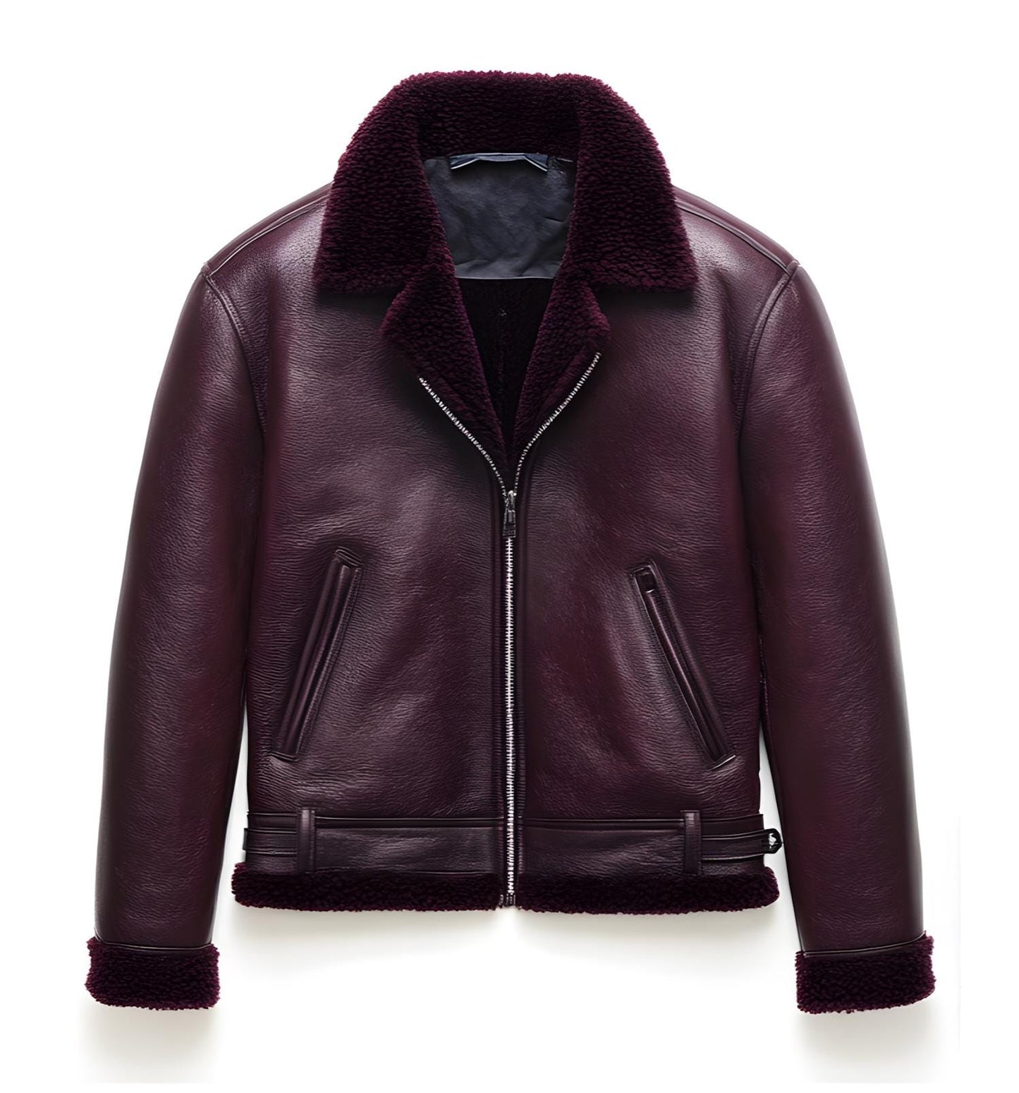 Men's Maroon Shearling Leather Jacket – Real Fur Zippered Pockets Superior Source By Leather Chloride