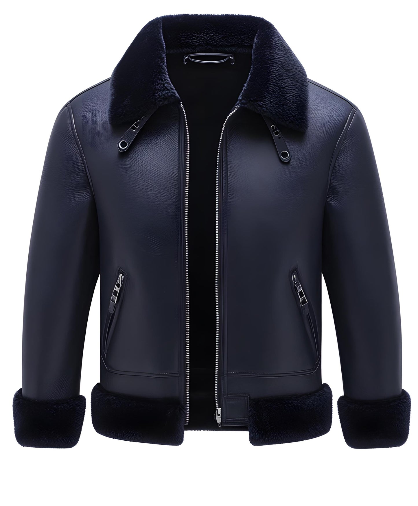 Men's Dark Blue Shearling Leather Jacket – Real Fur Collar Side Pockets By Leather Chloride