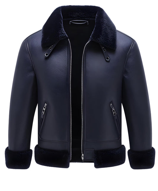 Men's Dark Blue Shearling Leather Jacket – Real Fur Collar Side Pockets By Leather Chloride