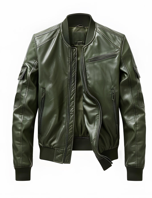 Men's Army Green Leather Jacket – Slim Fit Bomber Motorcycle Style By Leather Chloride