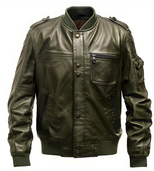 Men's Olive Green Bomber Jacket – Distressed Sheepskin Military Slim Fit By Leather Chloride