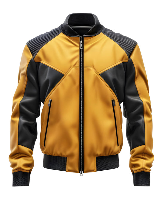 Men's Mustard Black Leather Jacket – Zip-Up Bomber Cafe Racer Style By Leather Chloride
