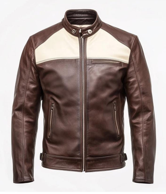 Men's Brown Cream Leather Jacket – Slim Fit Bomber Motorcycle Style By Leather Chloride