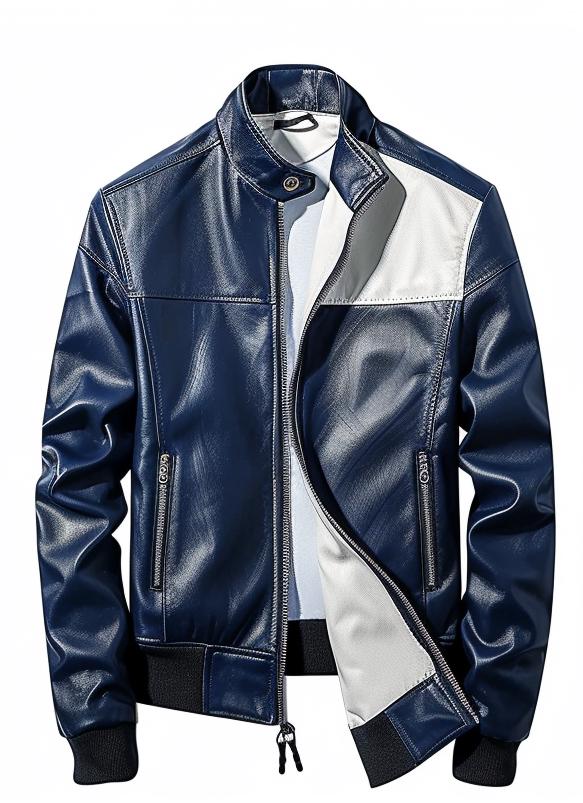 Men's Navy White Leather Jacket – Slim Fit Bomber Street Style By Leather Chloride
