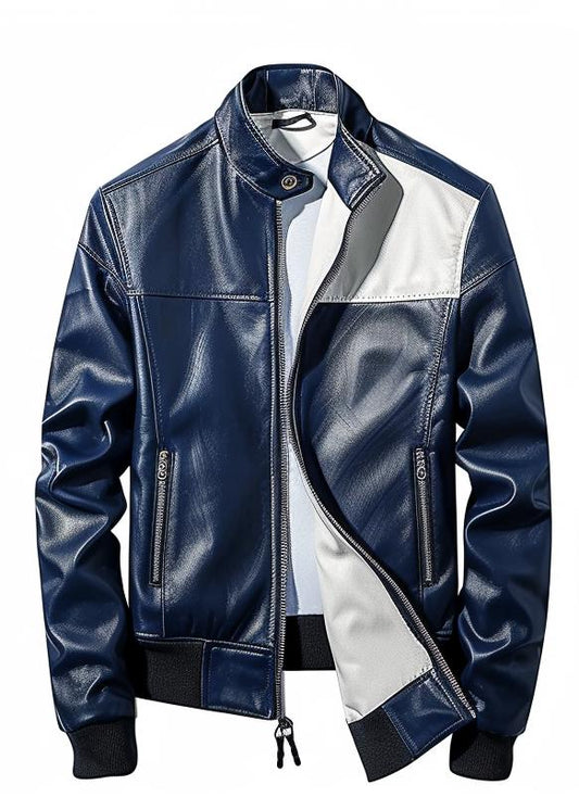 Men's Navy White Leather Jacket – Slim Fit Bomber Street Style By Leather Chloride
