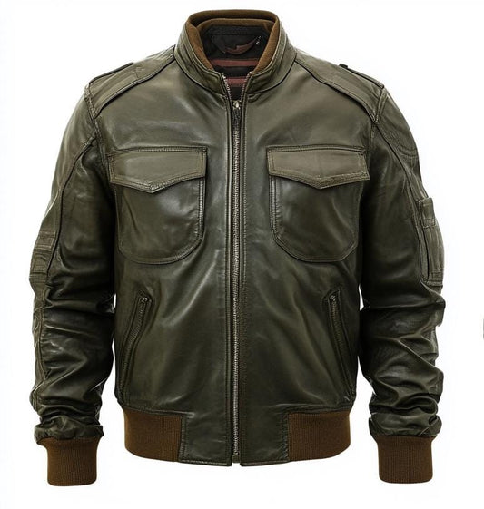 Men's Dark Green Real Leather Jacket – Bomber Motorcycle Slim Fit Style By Leather Chloride