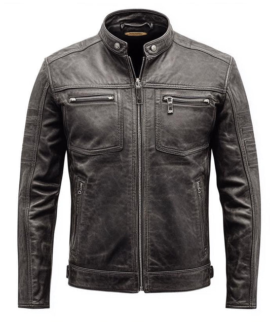Men's Grey Real Leather Jacket – Distressed Slim Fit Motorcycle Streetwear Classic by Leather Chloride