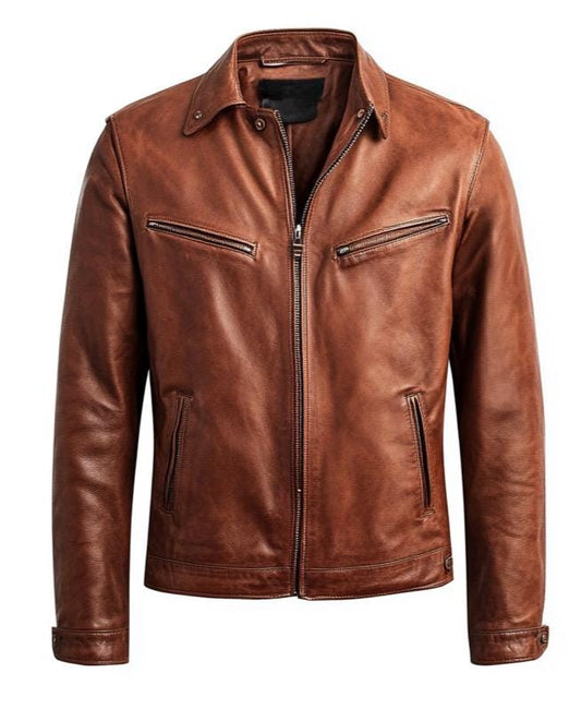 Men’s Classic Brown Vintage Trucker Jacket in Real Leather, Provided by Leather Chloride