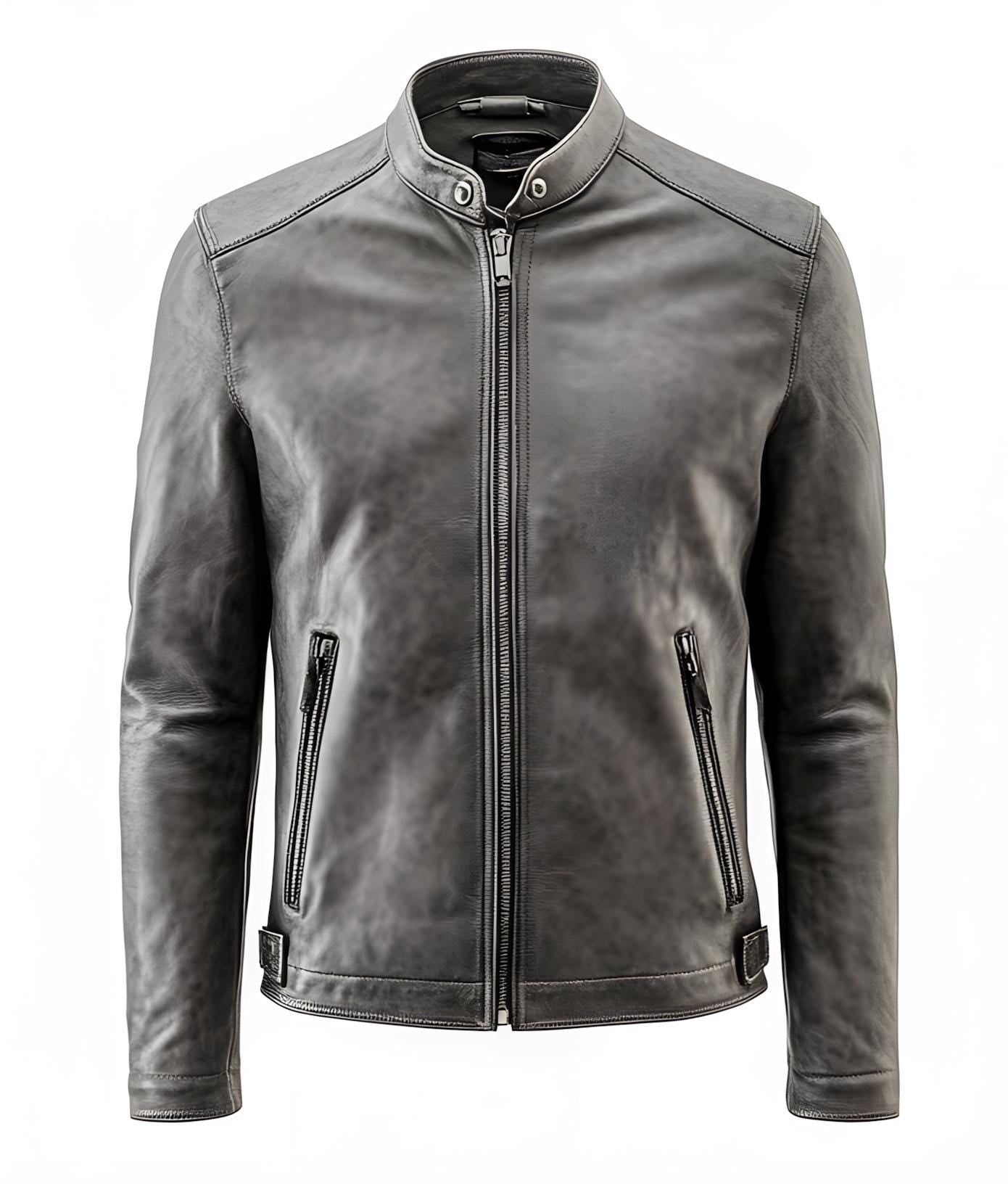 Men’s Ash Grey Genuine Leather Motorcycle Jacket with Zip-Up Design By Leather Chloride