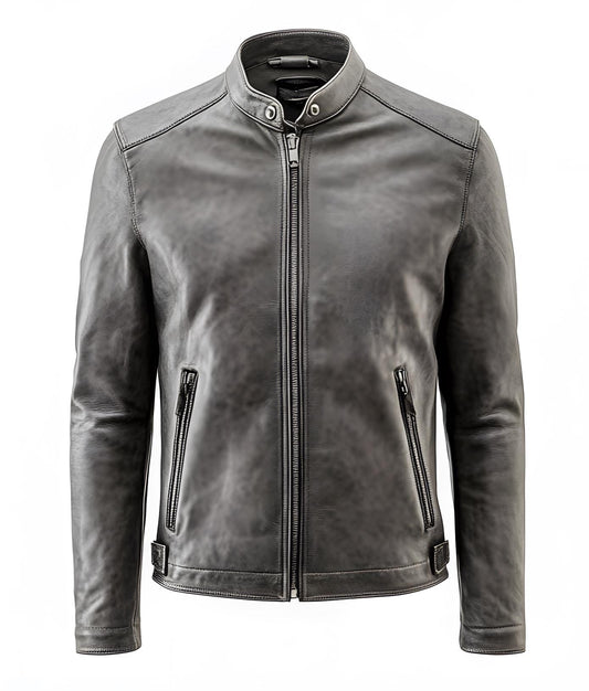 Men’s Ash Grey Genuine Leather Motorcycle Jacket with Zip-Up Design By Leather Chloride