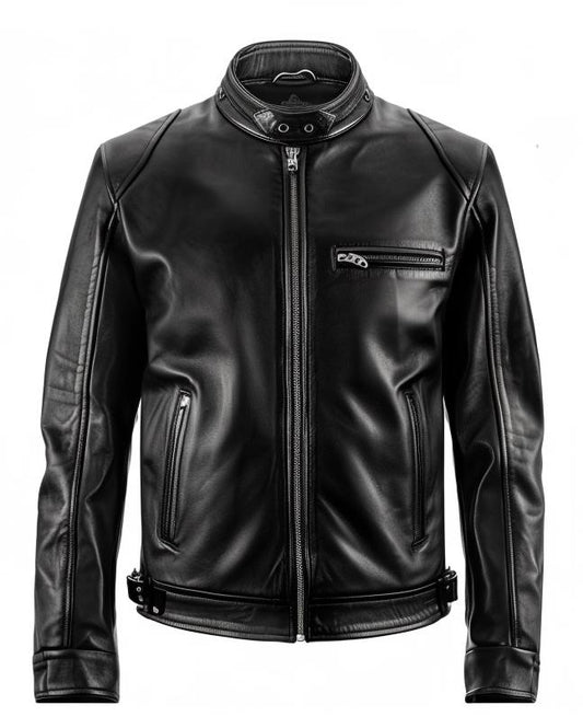 Men’s Black Genuine Leather Café Racer Jacket | Military Style Stand-Up Collar by Leather Chloride