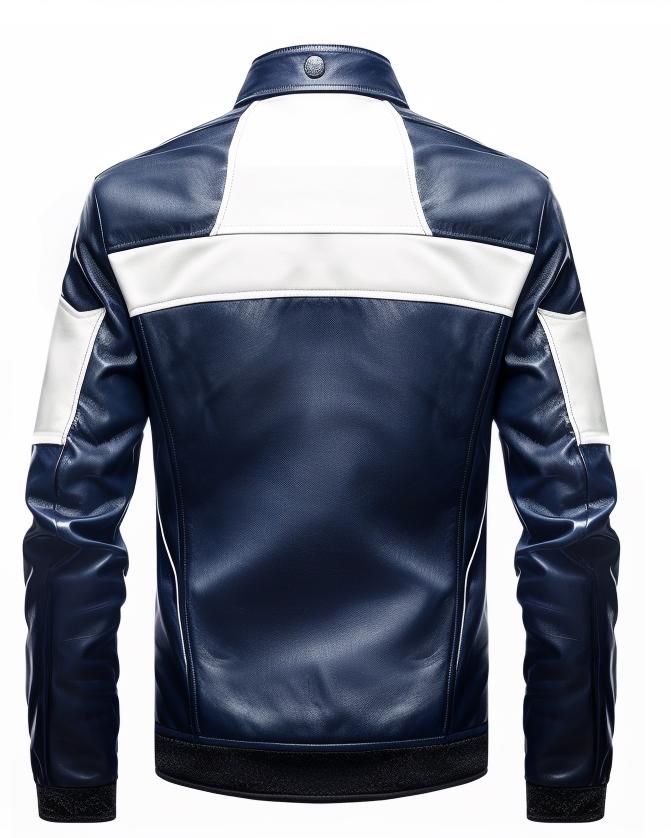 Men’s Navy Blue White Real Leather Jacket Stand-Up Collar Rib Knit from Leather Chloride