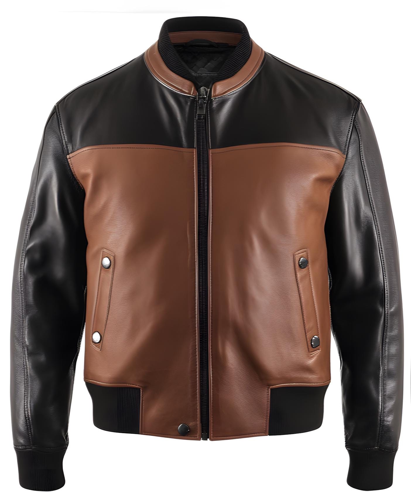 Men’s Black & Tan Genuine Leather Bomber Jacket Two-Tone Classic Zip Style by Leather Chloride