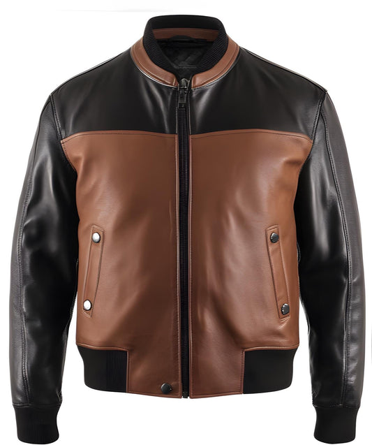 Men’s Black & Tan Genuine Leather Bomber Jacket Two-Tone Classic Zip Style by Leather Chloride