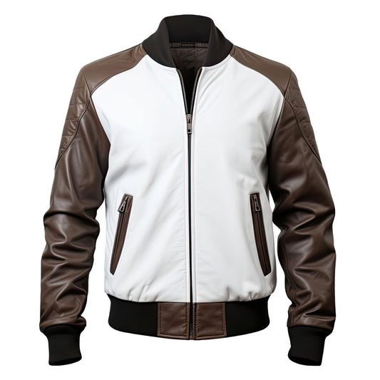 Men’s White Brown Sheepskin Leather Bomber Jacket | Baseball Collar Rib-Knit Design by Leather Chloride