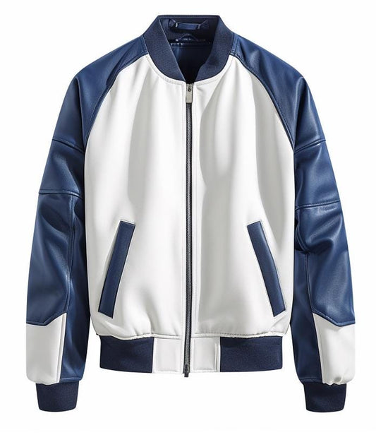 Men's Navy White Varsity Leather Bomber Jacket – Stand Collar Zip Style By Leather Chloride