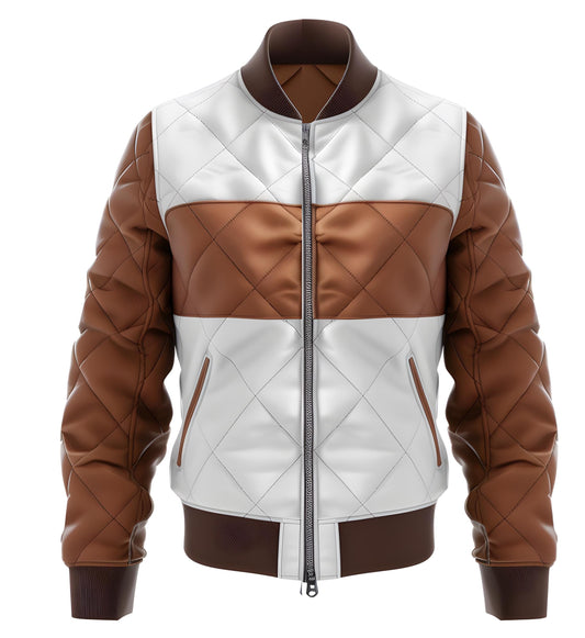 Men's Quilted Two-Tone Leather Bomber Jacket – Stylish Zip Ribbed Trim By Leather Chloride