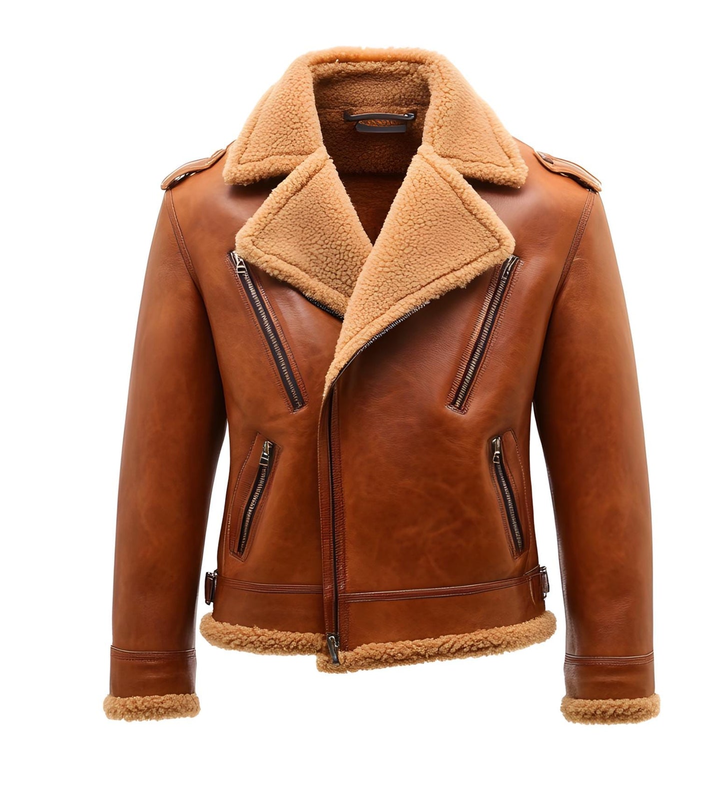 Men's Vintage Tan Biker Jacket – Real Fur Leather Trim Rugged Style By Leather Chloride