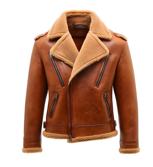 Men's Vintage Tan Biker Jacket – Real Fur Leather Trim Rugged Style By Leather Chloride